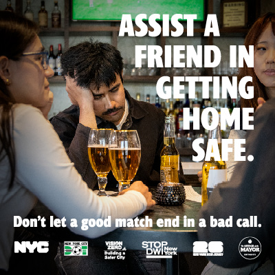 A photo of an intoxicated person sleeping at a table with friends in a bar. Text overlay reads: Assist a friend in getting home safe. Don't let a good match end in a bad call.