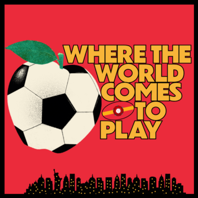 Button for guides to where the world comes to play in New York City with an apple in a soccer ball pattern. 