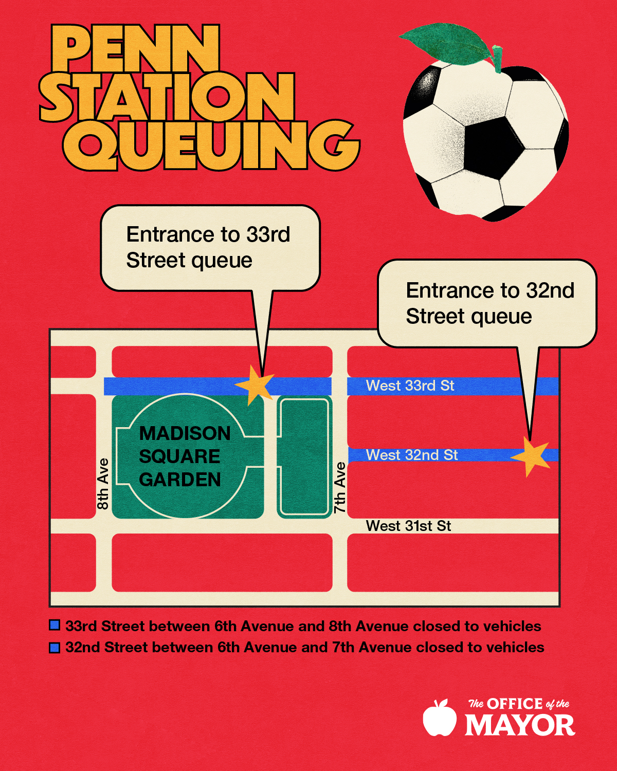 Map of street closures on West 33rd and West 32nd near Madison Garden on match days for Penn Station queuing. 33rd Street between 6th Avenue and 8th Avenue closed to vehicles and 32nd Street between 6th and 7th Avenues closed to vehicles. Office of the Mayor logo. 