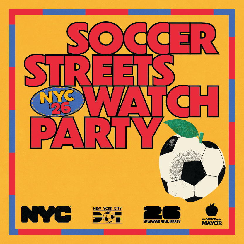 Soccer Streets Watch Party in New York City 2026 with an apple icon with black and white soccer ball colors.