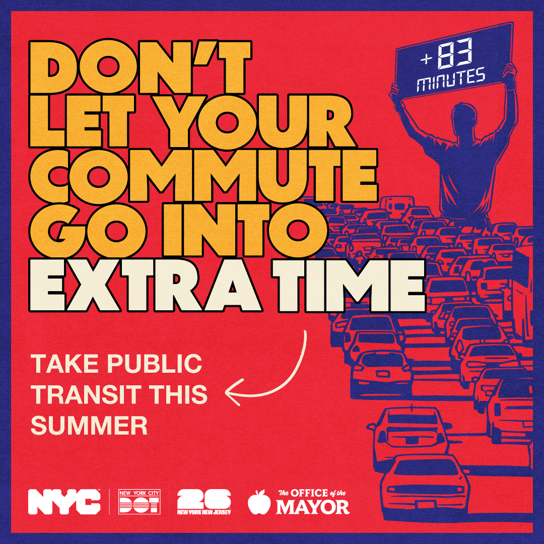 An illustration with a person holding a sign saying plus 83 minutes next to a line of cars stuck in traffic. Text overlay reads: Don't let your commute go into extra time.