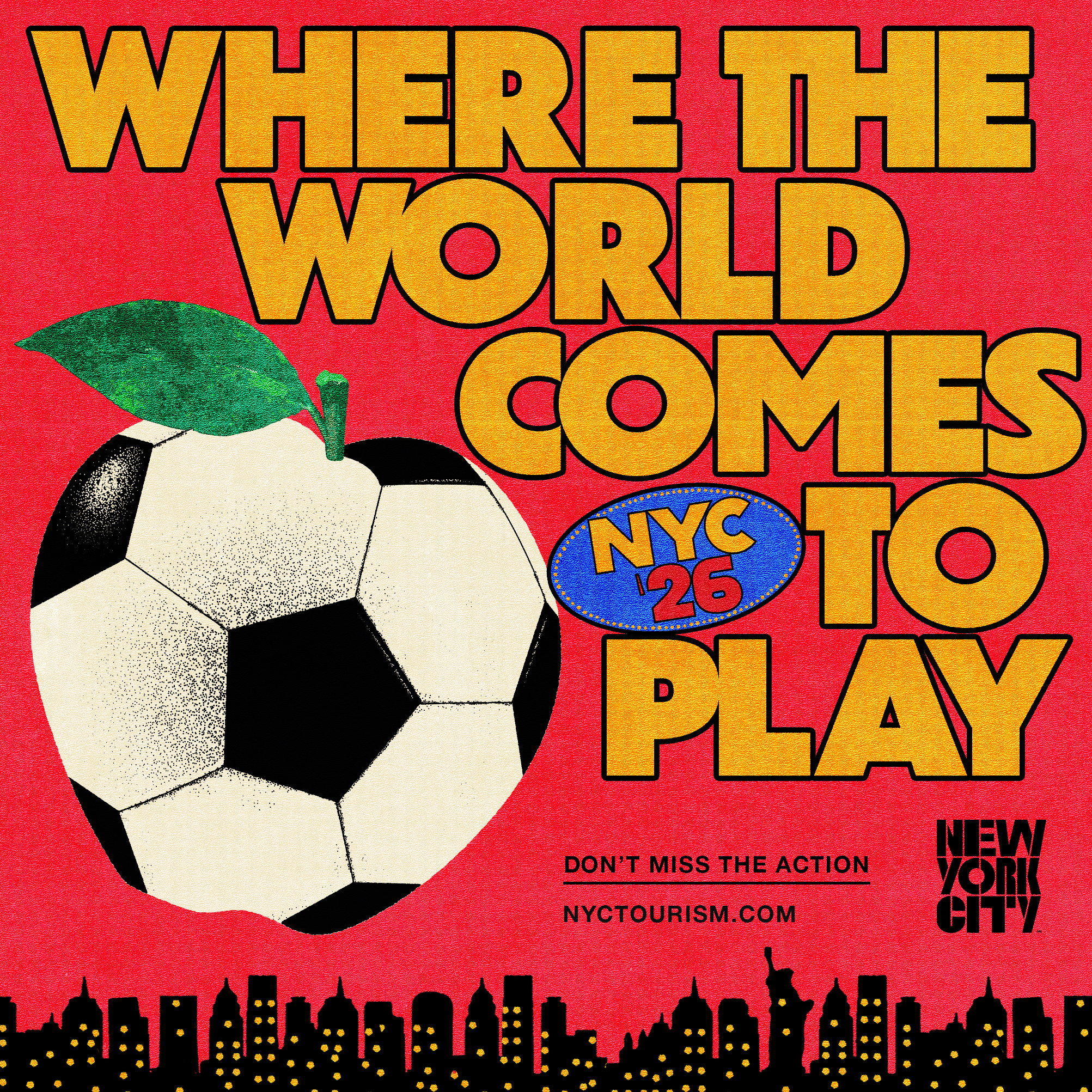 Large soccer ball next to the text: where the world comes to play New York City 2026