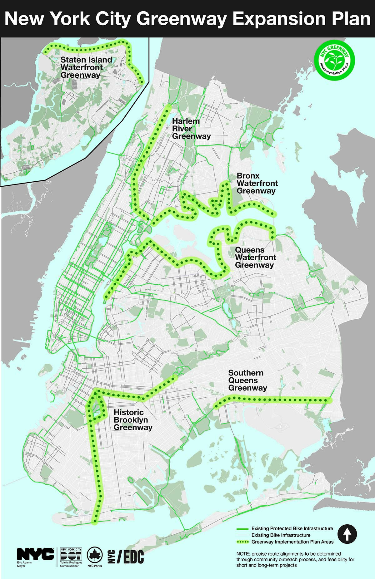 Map highlighting the six planned greenways: Staten Island Waterfront, Harlem River, Bronx Waterfront, Queens Waterfront, Historic Brooklyn, and Southern Queens.