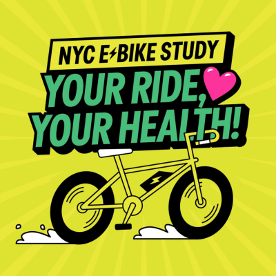 NYC E-Bike study slogan "your ride, your health" with an icon of a riderless electric bike and a heart.