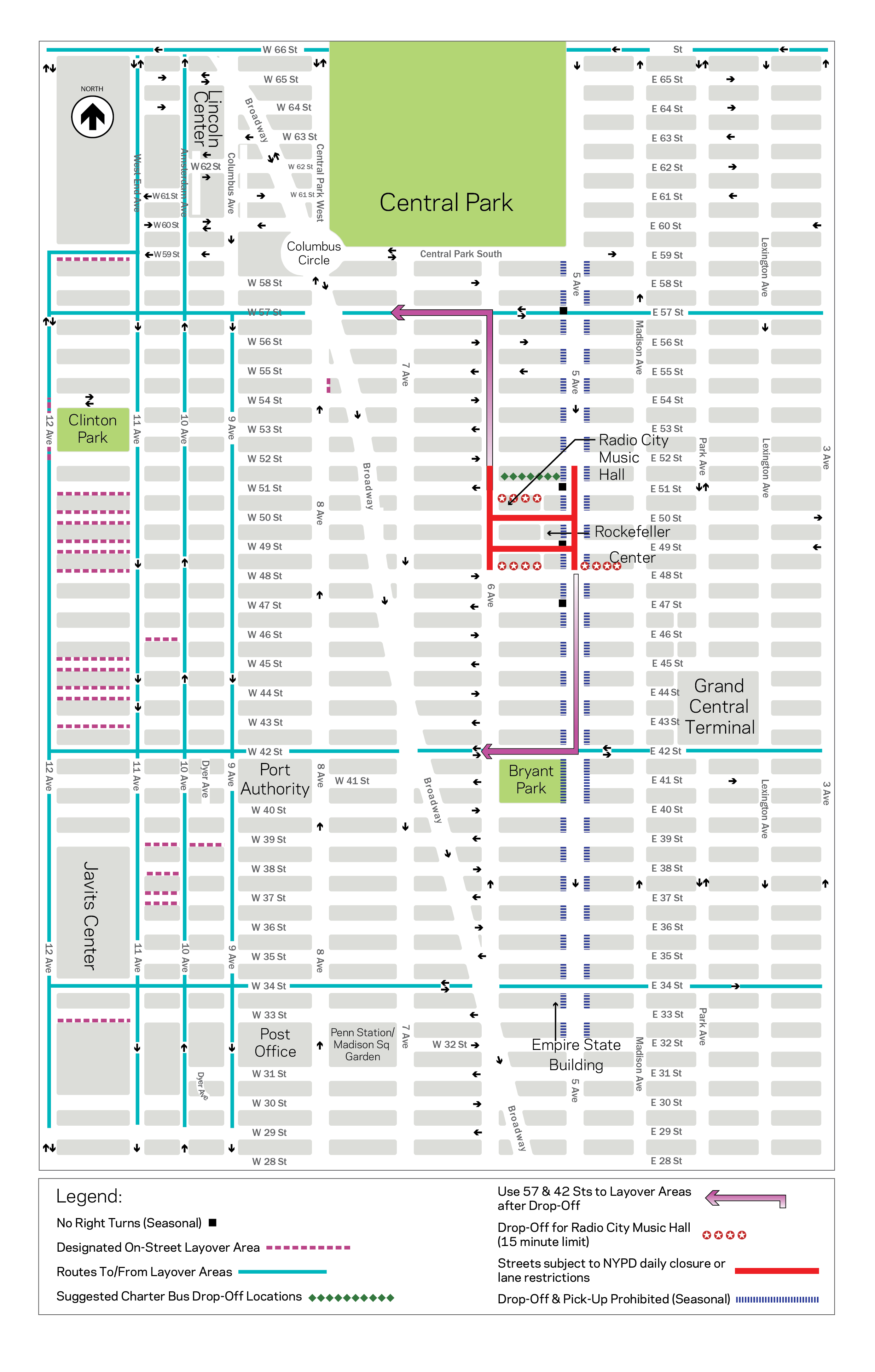 A map of Manhattan's central business district in Midtown with regulations for how buses may or may not travel during the holiday season. 