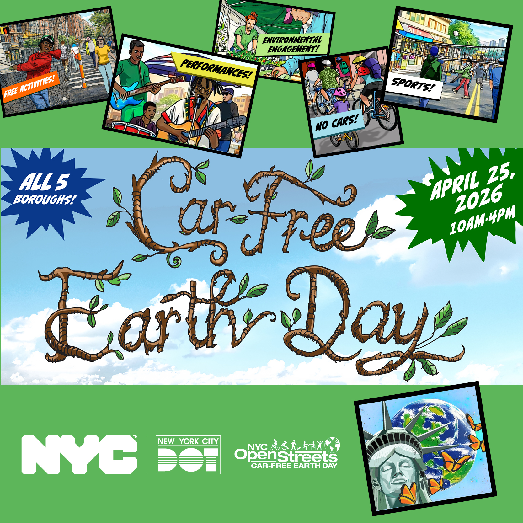 Car-Free Earth Day event artwork showcasing free activities, sports, and musical performances happening on April 25, 2026 from 10am to 4pm in all five New York City boroughs.