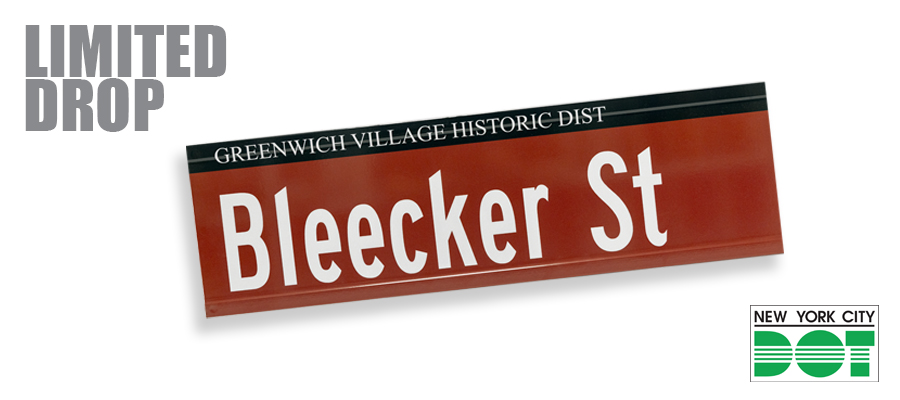 Red overlay text reads “Sold Out” over green and white sign of Bleecker Street.