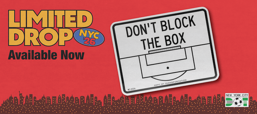 Red overlay text reads Sold Out over white and black rectangular Don't Block the Box sign that includes outlines of the penalty and goal boxes in front of a soccer goal.