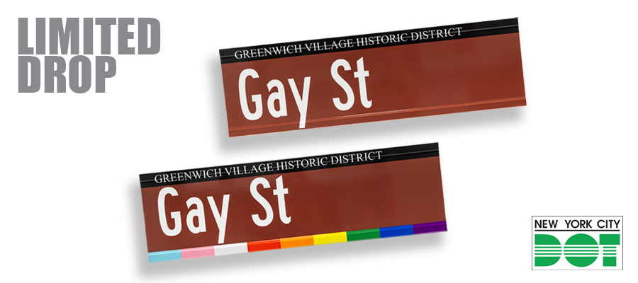 Two brown street signs for Gay Street. Text around it reads Limited Drop with the N Y C D O T logo.