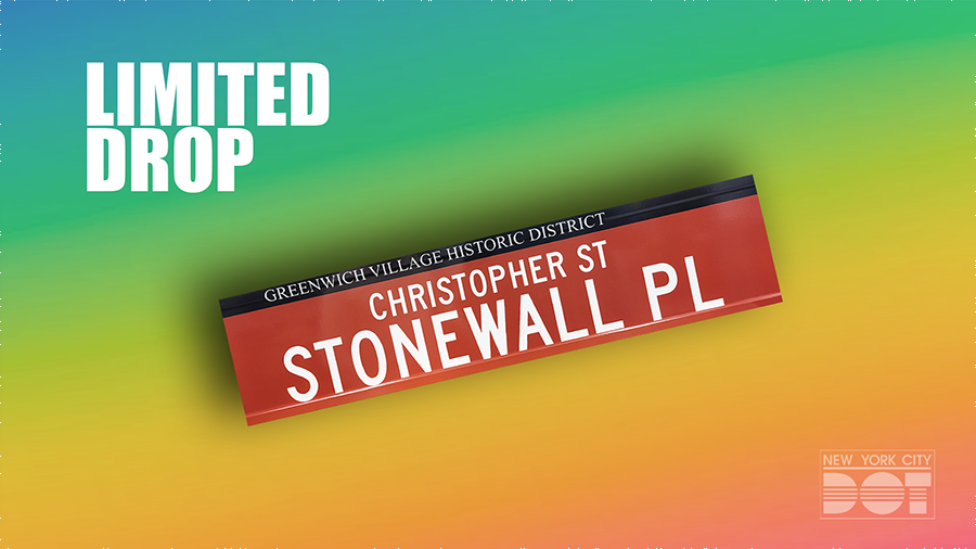 Limited release of a brown Greenwich Village Historic District street sign with the words Christopher St Stonewall Pl.