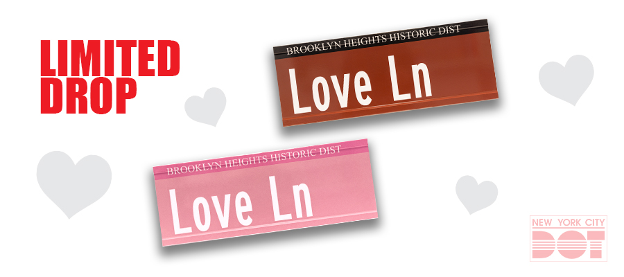 Love Lane street signs in Historic District Brown and Sweetheart Pink. Text reads limited drop.