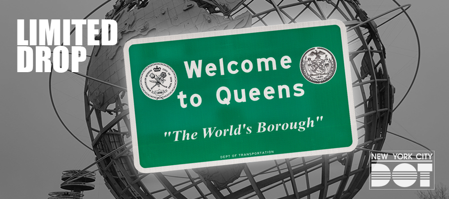 A green and white Welcome to Queens Sign - The World’s Borough over the Flushing Meadows Corona Park Unisphere
