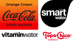 Logos for Coca Cola Orange Cream Zero Sugar, Smartwater, Vitaminwater, and Topo Chico Sabores