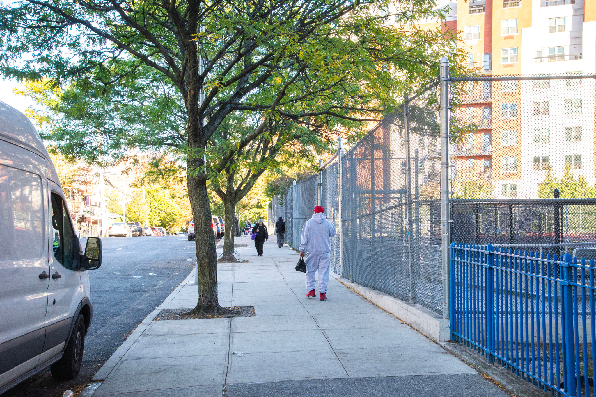 People walk along a tree-lined sidewalk near a fenced-in New York City school yard.