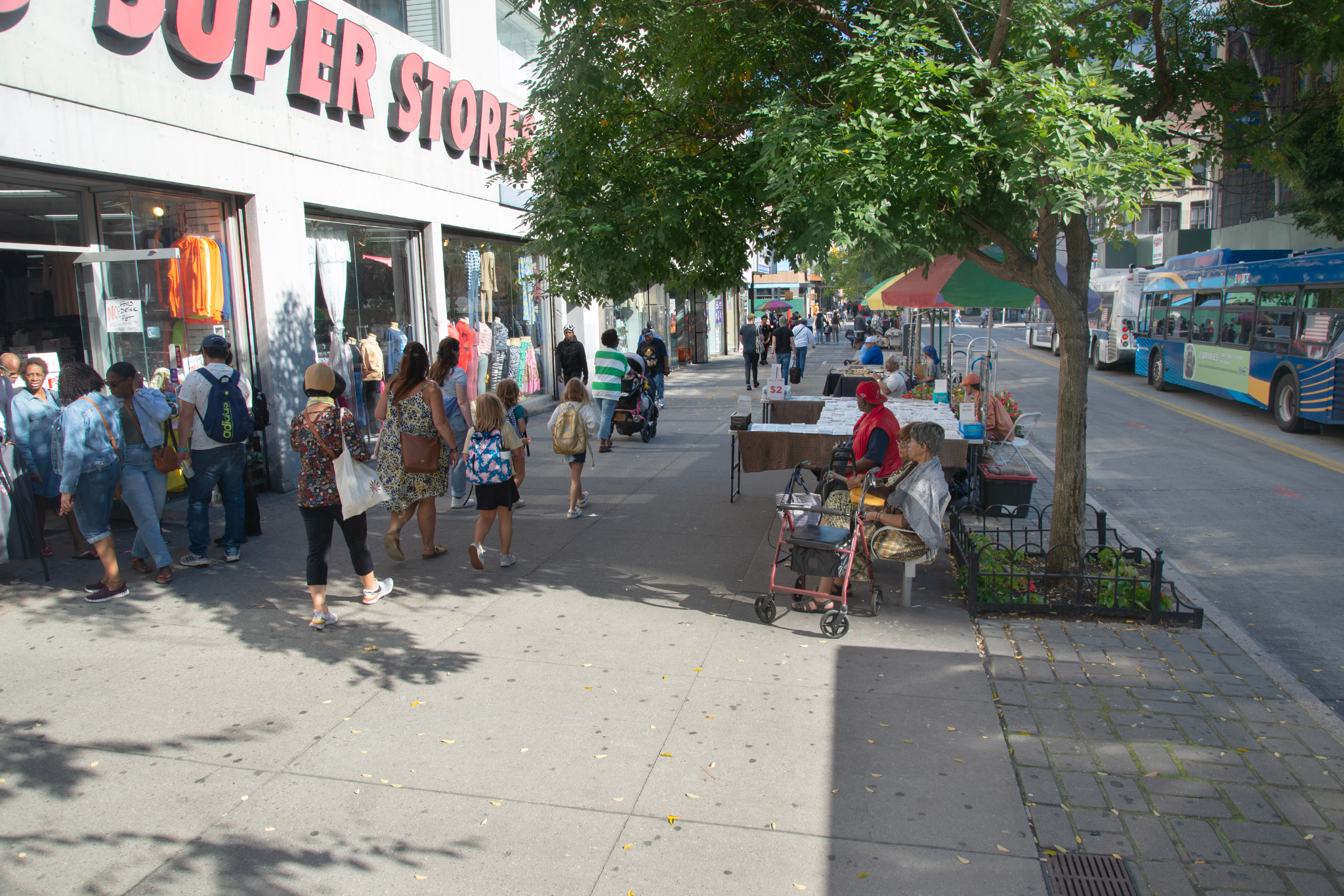 A lot of people walk and stand on a wide tree-lined sidewalk in front of a busy store in New York City.