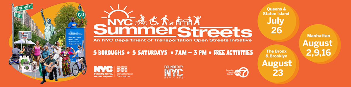 Orange image with the NYC Summer Streets logo and a montage of photos of people and pets enjoying free activities on a car-free street on a sunny summer day.