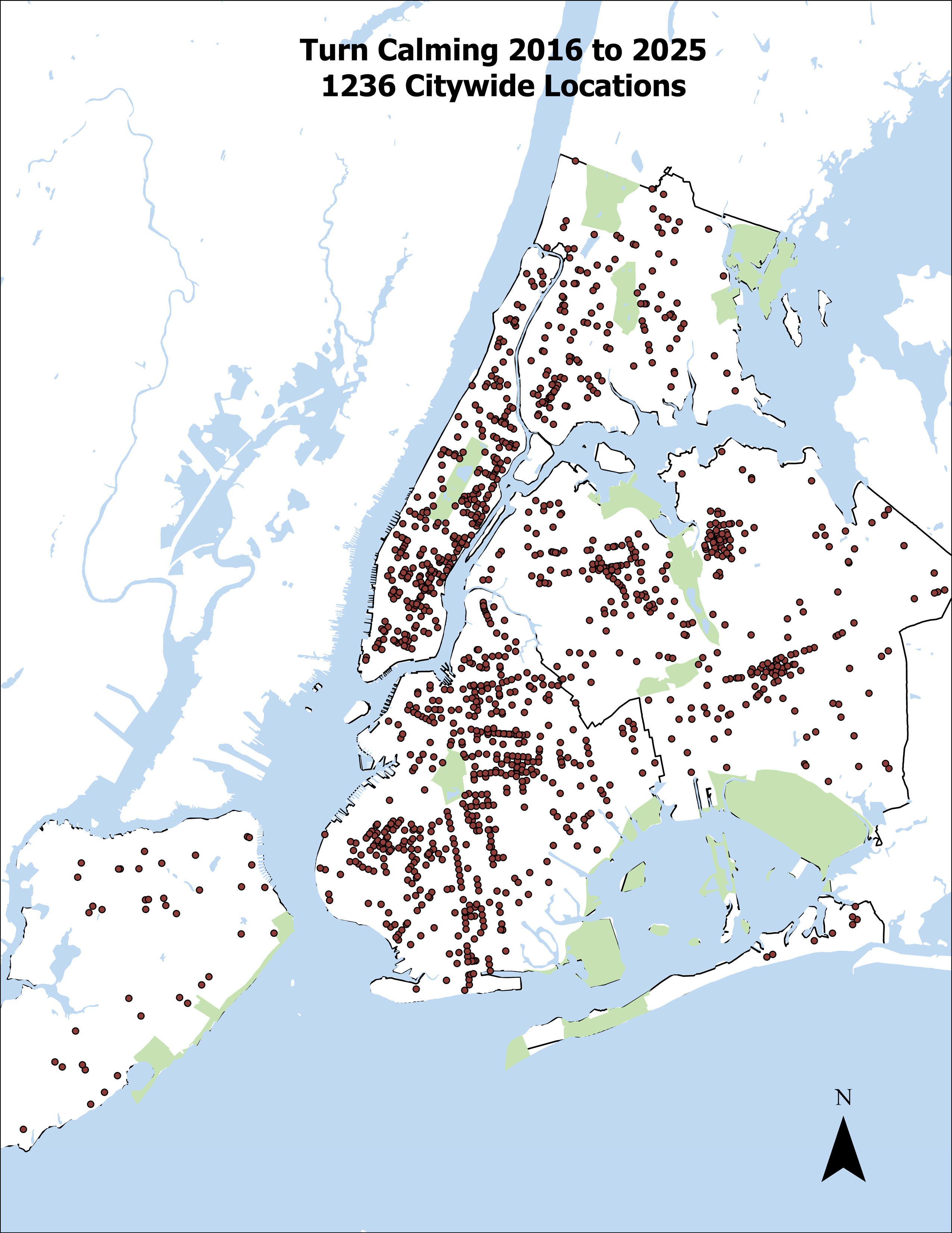 Map showing locations of Turn Calming treatments in NYC between 2016 and 2024. 1101 Locations Citywide.