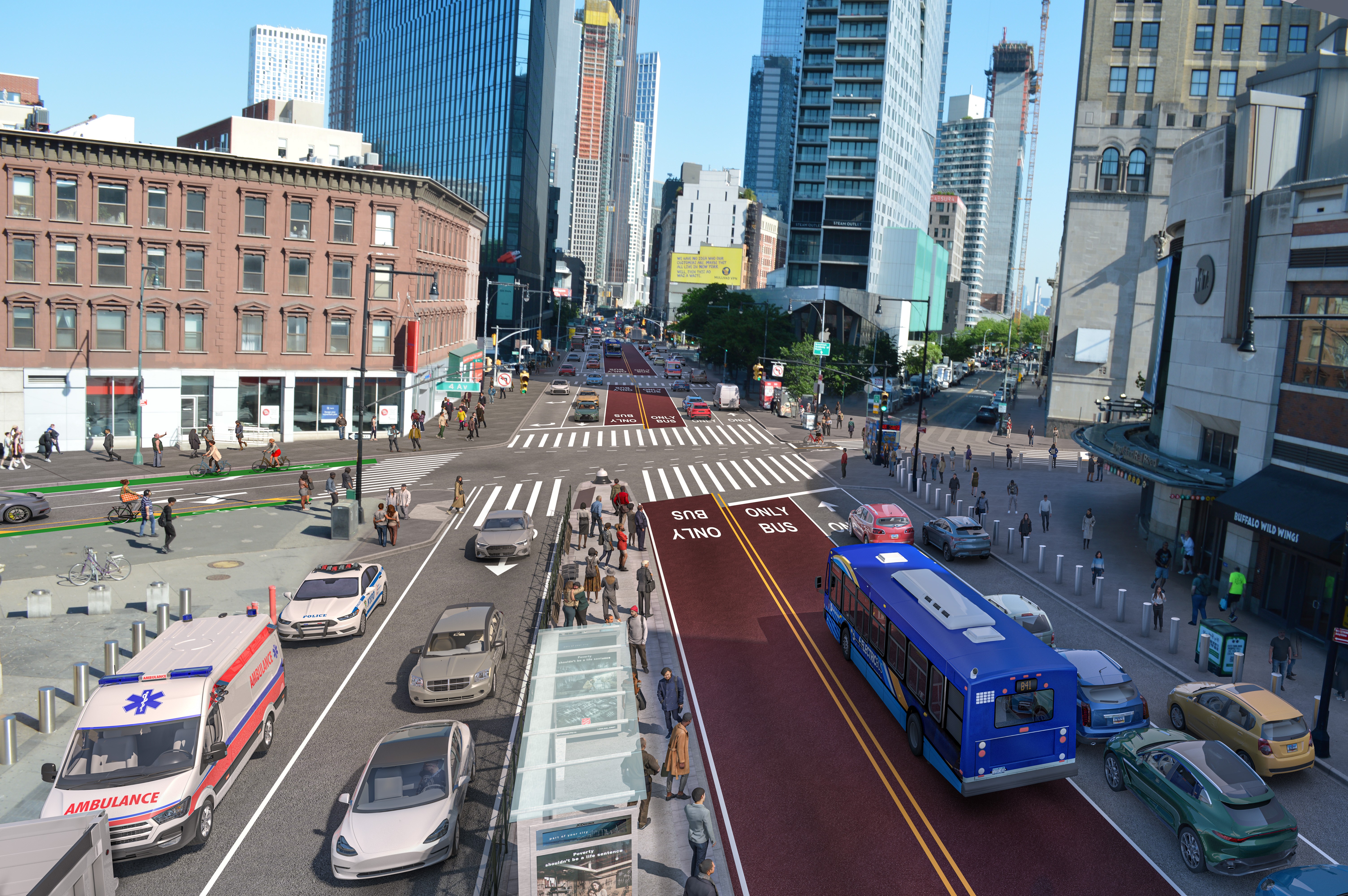 Rendering of the future design of Flatbush Avenue and Fourth Avenue following Flatbush’s 2026 redesign. Credit: NYC DOT