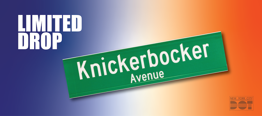 Green and white sign of Knickerbocker Avenue. N Y C D O T limited drop.