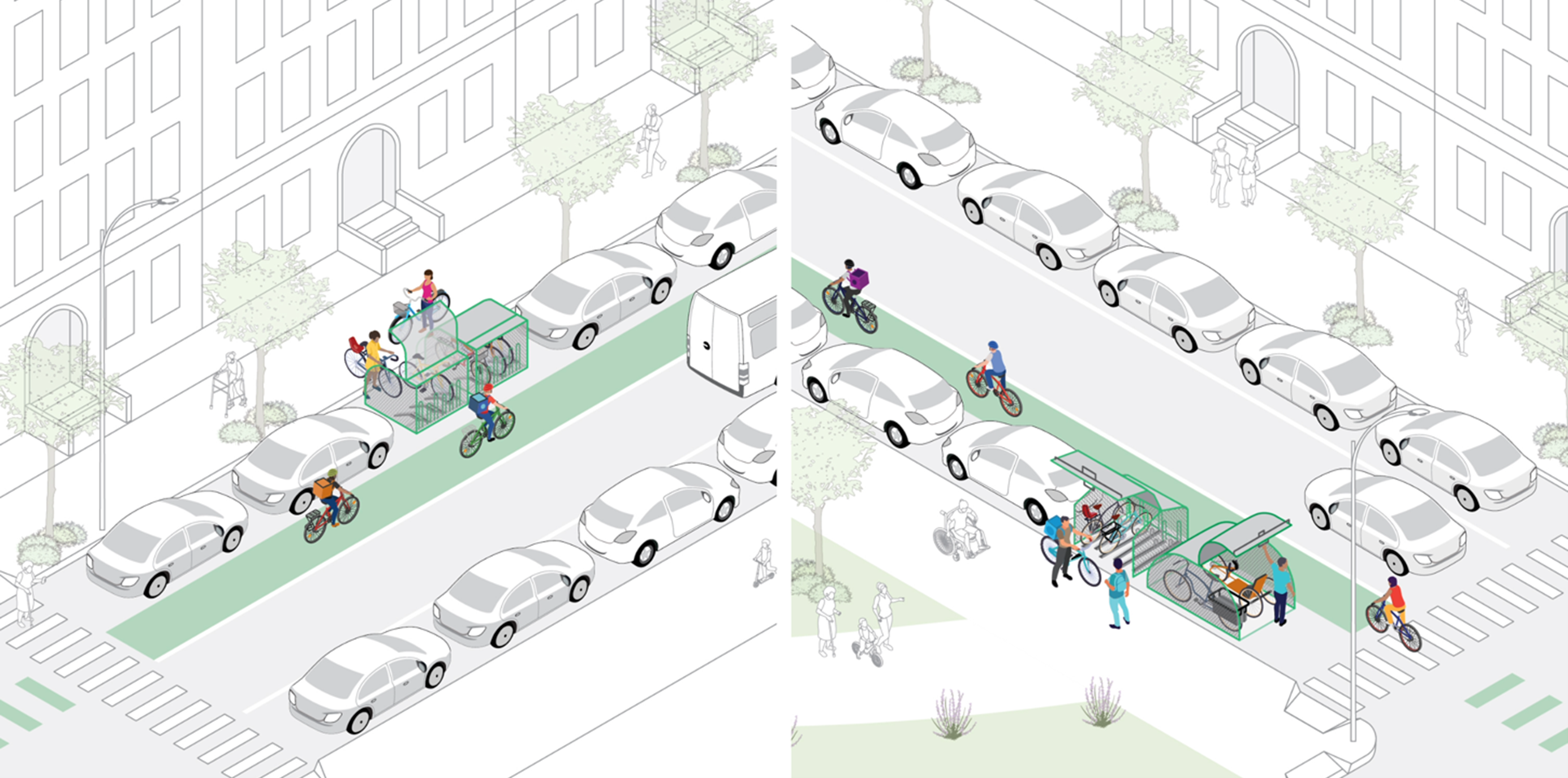 Category 1 (L) and 2 (R) bike storage structures may be installed in the curb lane on residential blocks. 