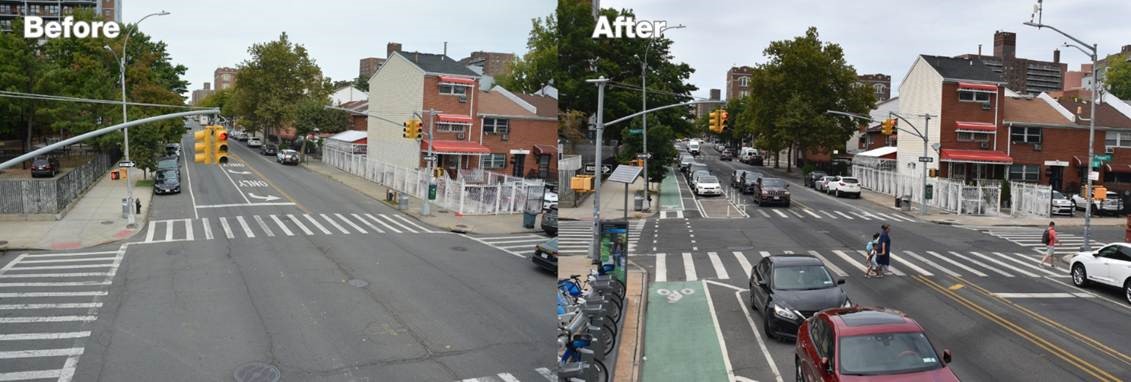 East 180th Street and Prospect Avenue, Bronx; Before (L) and after (R) NYC DOT’s comprehensive street redesign. Credit: NYC DOT